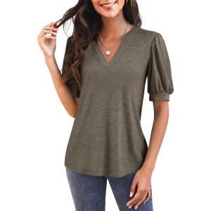 imageImily Bela Womens V Neck T Shirts Casual Puff Sleeve Loose Dressy Blouses Summer TopsOlive