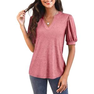 imageImily Bela Womens V Neck T Shirts Casual Puff Sleeve Loose Dressy Blouses Summer TopsRust Pink