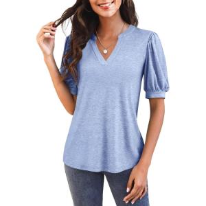 imageImily Bela Womens V Neck T Shirts Casual Puff Sleeve Loose Dressy Blouses Summer TopsSky Blue