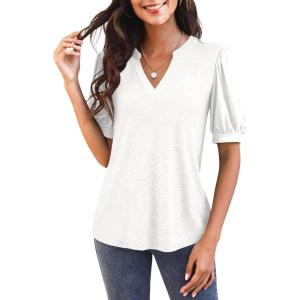 imageImily Bela Womens V Neck T Shirts Casual Puff Sleeve Loose Dressy Blouses Summer TopsWhite