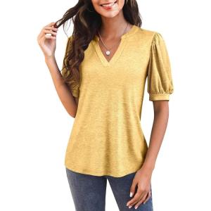 imageImily Bela Womens V Neck T Shirts Casual Puff Sleeve Loose Dressy Blouses Summer TopsYellow