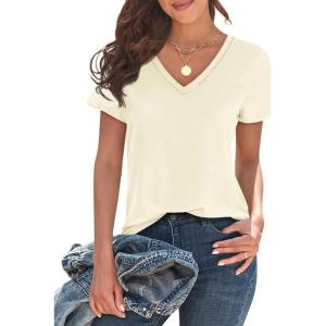 imageImily Bela Womens V Neck T Shirts Lightweight Short Sleeve Tops Casual Basic Tees Trendy Summer Tshirt Loose Fit 2025Beige