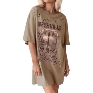 imageImily Bela Womens Nashville Oversized T Shirts Country Concert Outfits Hollow Out Guitar Graphic Tees Vintage TopsBrown