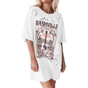 imageImily Bela Womens Nashville Oversized T Shirts Country Concert Outfits Hollow Out Guitar Graphic Tees Vintage TopsWhite