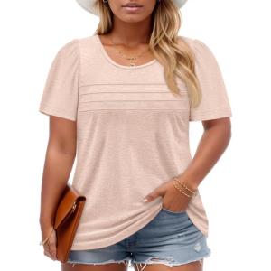 imageImily Bela Womens Plus Size Tops 2025 Dressy Casual Short Sleeve Tunic Summer Crew Neck Flowy Pleated TeesApricot