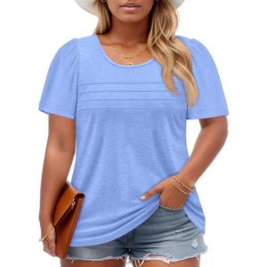 imageImily Bela Womens Plus Size Tops 2025 Dressy Casual Short Sleeve Tunic Summer Crew Neck Flowy Pleated TeesBaby Blue