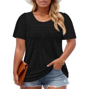 imageImily Bela Womens Plus Size Tops 2025 Dressy Casual Short Sleeve Tunic Summer Crew Neck Flowy Pleated TeesBlack