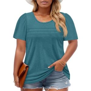 imageImily Bela Womens Plus Size Tops 2025 Dressy Casual Short Sleeve Tunic Summer Crew Neck Flowy Pleated TeesBlue  Green