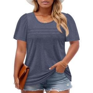 imageImily Bela Womens Plus Size Tops 2025 Dressy Casual Short Sleeve Tunic Summer Crew Neck Flowy Pleated TeesDark Blue