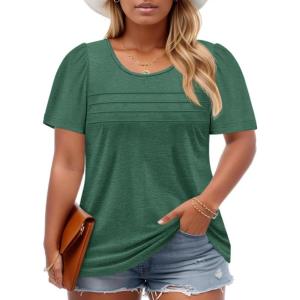 imageImily Bela Womens Plus Size Tops 2025 Dressy Casual Short Sleeve Tunic Summer Crew Neck Flowy Pleated TeesDark Green