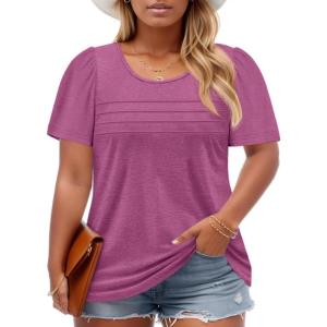 imageImily Bela Womens Plus Size Tops 2025 Dressy Casual Short Sleeve Tunic Summer Crew Neck Flowy Pleated TeesDark Pink