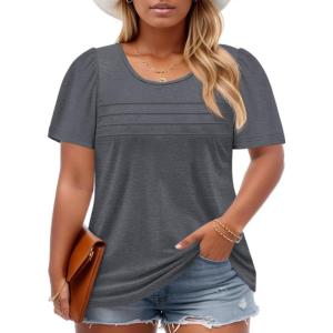 imageImily Bela Womens Plus Size Tops 2025 Dressy Casual Short Sleeve Tunic Summer Crew Neck Flowy Pleated TeesGray