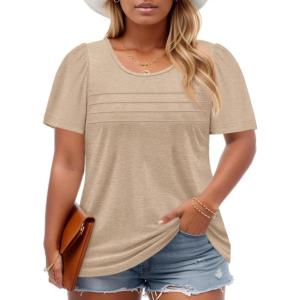 imageImily Bela Womens Plus Size Tops 2025 Dressy Casual Short Sleeve Tunic Summer Crew Neck Flowy Pleated TeesKhaki