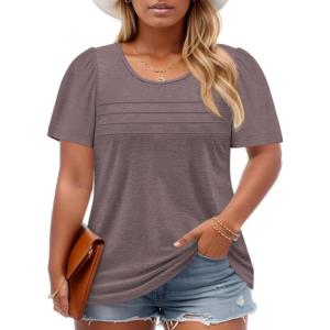 imageImily Bela Womens Plus Size Tops 2025 Dressy Casual Short Sleeve Tunic Summer Crew Neck Flowy Pleated TeesLight Brown