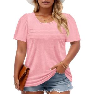 imageImily Bela Womens Plus Size Tops 2025 Dressy Casual Short Sleeve Tunic Summer Crew Neck Flowy Pleated TeesLight Pink