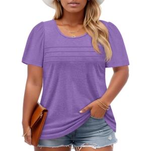 imageImily Bela Womens Plus Size Tops 2025 Dressy Casual Short Sleeve Tunic Summer Crew Neck Flowy Pleated TeesPurple
