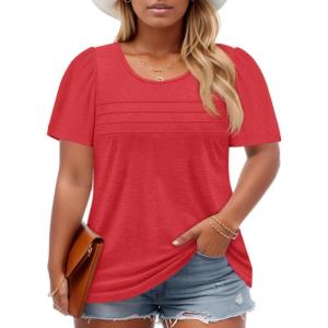 imageImily Bela Womens Plus Size Tops 2025 Dressy Casual Short Sleeve Tunic Summer Crew Neck Flowy Pleated TeesRed