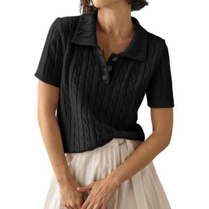 imageImily Bela Womens Polo V Neck Pullovers Lightweight Short Sleeve Cable Knit Sweater Business Casual Summer Tops 2025Black