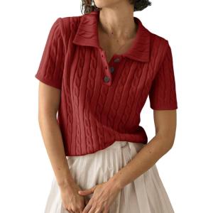 imageImily Bela Womens Polo V Neck Pullovers Lightweight Short Sleeve Cable Knit Sweater Business Casual Summer Tops 2025Burgundy