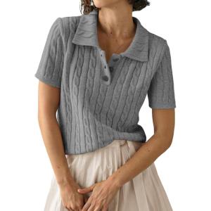 imageImily Bela Womens Polo V Neck Pullovers Lightweight Short Sleeve Cable Knit Sweater Business Casual Summer Tops 2025Grey