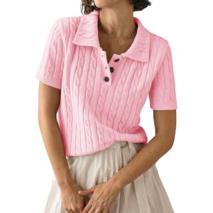 imageImily Bela Womens Polo V Neck Pullovers Lightweight Short Sleeve Cable Knit Sweater Business Casual Summer Tops 2025Pink