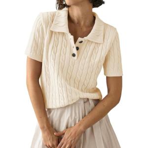 imageImily Bela Womens Polo V Neck Pullovers Lightweight Short Sleeve Cable Knit Sweater Business Casual Summer Tops 2025White
