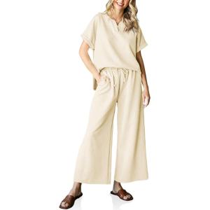imageImily Bela Womens 2 Piece Outfits Short Sleeve V neck Tops and Wide Leg Pants Sets Loungewear Casual Summer TracksuitsApricot