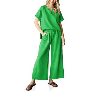imageImily Bela Womens 2 Piece Outfits Short Sleeve V neck Tops and Wide Leg Pants Sets Loungewear Casual Summer TracksuitsGreen
