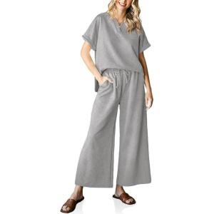 imageImily Bela Womens 2 Piece Outfits Short Sleeve V neck Tops and Wide Leg Pants Sets Loungewear Casual Summer TracksuitsLight Grey