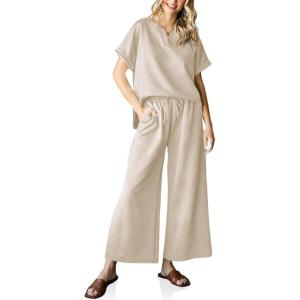 imageImily Bela Womens 2 Piece Outfits Short Sleeve V neck Tops and Wide Leg Pants Sets Loungewear Casual Summer TracksuitsLight Khaki