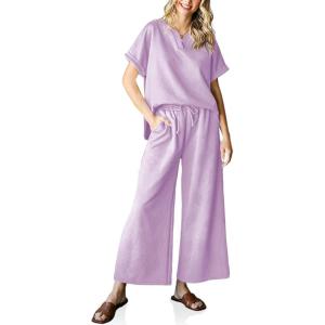 imageImily Bela Womens 2 Piece Outfits Short Sleeve V neck Tops and Wide Leg Pants Sets Loungewear Casual Summer TracksuitsPurple