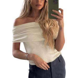 imageImily Bela Womens Off The Shoulder Sweaters Casual Knit Sleeveless Summer Y2K Going Out Tops BlousesBeige