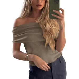 imageImily Bela Womens Off The Shoulder Sweaters Casual Knit Sleeveless Summer Y2K Going Out Tops BlousesKhaki