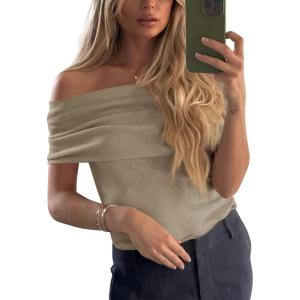 imageImily Bela Womens Off The Shoulder Sweaters Casual Knit Sleeveless Summer Y2K Going Out Tops BlousesLight Khaki