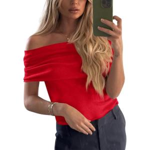 imageImily Bela Womens Off The Shoulder Sweaters Casual Knit Sleeveless Summer Y2K Going Out Tops BlousesRed