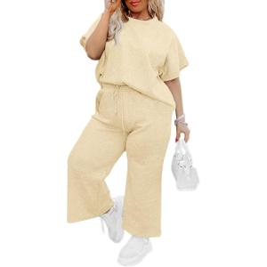 imageImily Bela Womens Plus Size 2 Piece Sets Summer Vacation Outfits Short Sleeve Tops and Wide Leg Pants Matching Lounge SetBeige