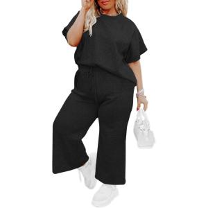 imageImily Bela Womens Plus Size 2 Piece Sets Summer Vacation Outfits Short Sleeve Tops and Wide Leg Pants Matching Lounge SetBlack