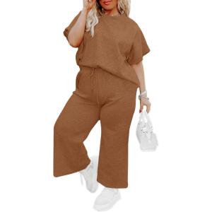 imageImily Bela Womens Plus Size 2 Piece Sets Summer Vacation Outfits Short Sleeve Tops and Wide Leg Pants Matching Lounge SetBrown