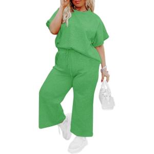 imageImily Bela Womens Plus Size 2 Piece Sets Summer Vacation Outfits Short Sleeve Tops and Wide Leg Pants Matching Lounge SetGreen