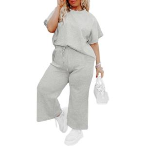 imageImily Bela Womens Plus Size 2 Piece Sets Summer Vacation Outfits Short Sleeve Tops and Wide Leg Pants Matching Lounge SetGrey