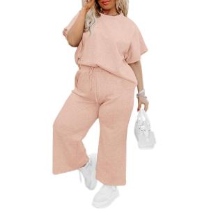 imageImily Bela Womens Plus Size 2 Piece Sets Summer Vacation Outfits Short Sleeve Tops and Wide Leg Pants Matching Lounge SetLight Pink