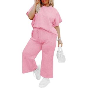 imageImily Bela Womens Plus Size 2 Piece Sets Summer Vacation Outfits Short Sleeve Tops and Wide Leg Pants Matching Lounge SetPink