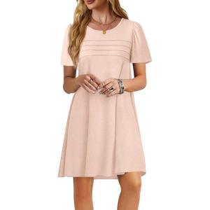 imageImily Bela Womens Summer Casual T Shirt Dress Short Sleeve Crewneck Pleated Front Loose Beach Flowy Mini DressesApricot