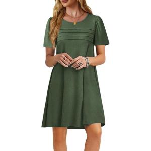 imageImily Bela Womens Summer Casual T Shirt Dress Short Sleeve Crewneck Pleated Front Loose Beach Flowy Mini DressesArmy Green