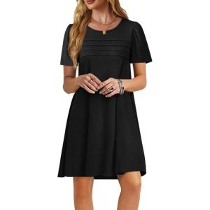 imageImily Bela Womens Summer Casual T Shirt Dress Short Sleeve Crewneck Pleated Front Loose Beach Flowy Mini DressesBlack