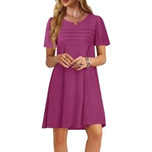 imageImily Bela Womens Summer Casual T Shirt Dress Short Sleeve Crewneck Pleated Front Loose Beach Flowy Mini DressesBurgundy