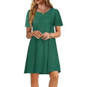 imageImily Bela Womens Summer Casual T Shirt Dress Short Sleeve Crewneck Pleated Front Loose Beach Flowy Mini DressesDark Green