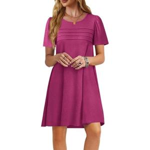 imageImily Bela Womens Summer Casual T Shirt Dress Short Sleeve Crewneck Pleated Front Loose Beach Flowy Mini DressesFuchsia