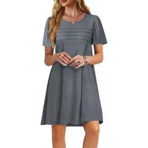 imageImily Bela Womens Summer Casual T Shirt Dress Short Sleeve Crewneck Pleated Front Loose Beach Flowy Mini DressesGrey