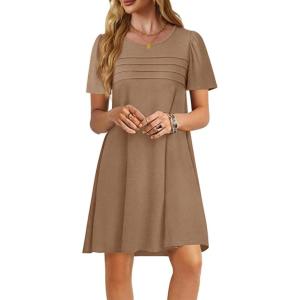 imageImily Bela Womens Summer Casual T Shirt Dress Short Sleeve Crewneck Pleated Front Loose Beach Flowy Mini DressesKhaki
